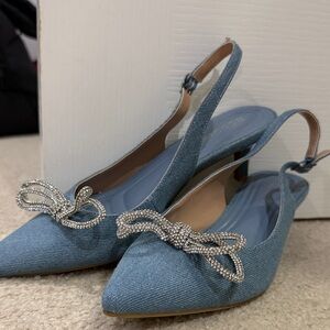 BCBGeneration Denim Blue Slingback Pointed Flats with Crystal Bow